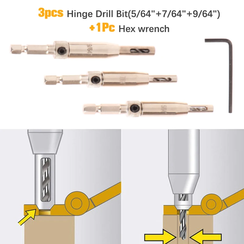 

3Pcs Self Centering Hinge Drill Bits Door Window Cabinet Cupboard Hinge Drilling Holes Cutter Woodworking Center Drill Bits