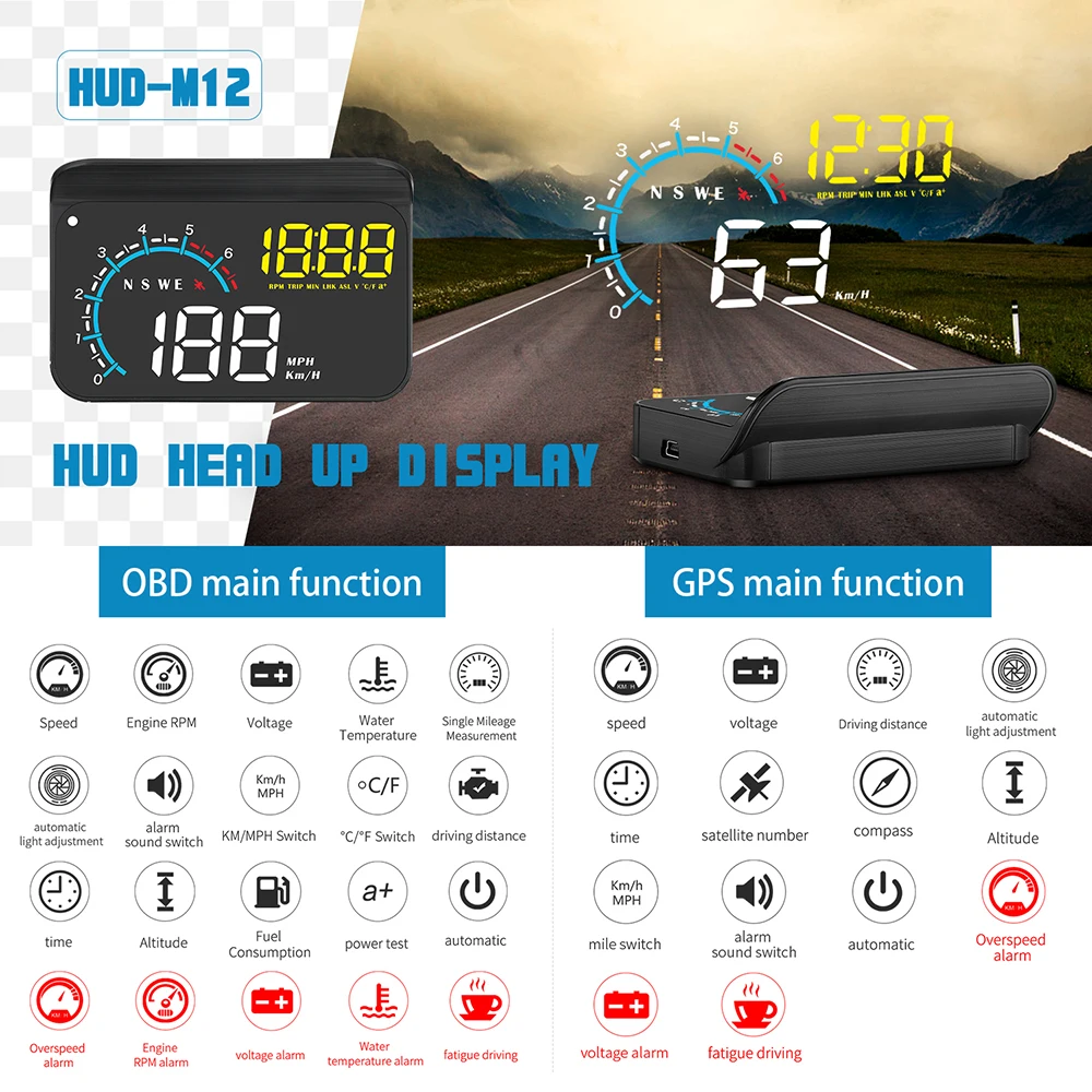 

M12 Car GPS HUD Head-up Display OBD2 II Overspeed Warning System Speed Voltage Alarm Auto Projector Electronics Fit for All Car
