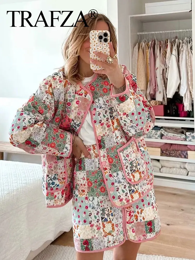 

TRAFZA Winter Warm Printed Women's Mini Skirts Y2K Fashion Cotton Front Zipper High Waist Women's Slim Mini Skirts Thick