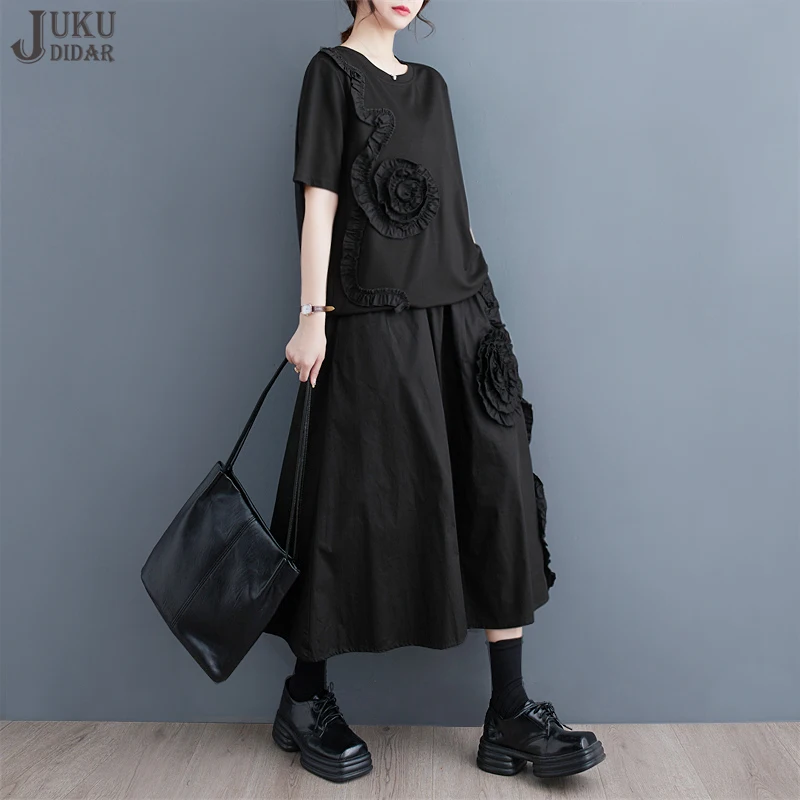 

Tie Flowers Joined New Summer Japanese Style Woman Black Two Piece Set A-Line Skirt Oversized Top Loose Fit Casual Wear JJSE019