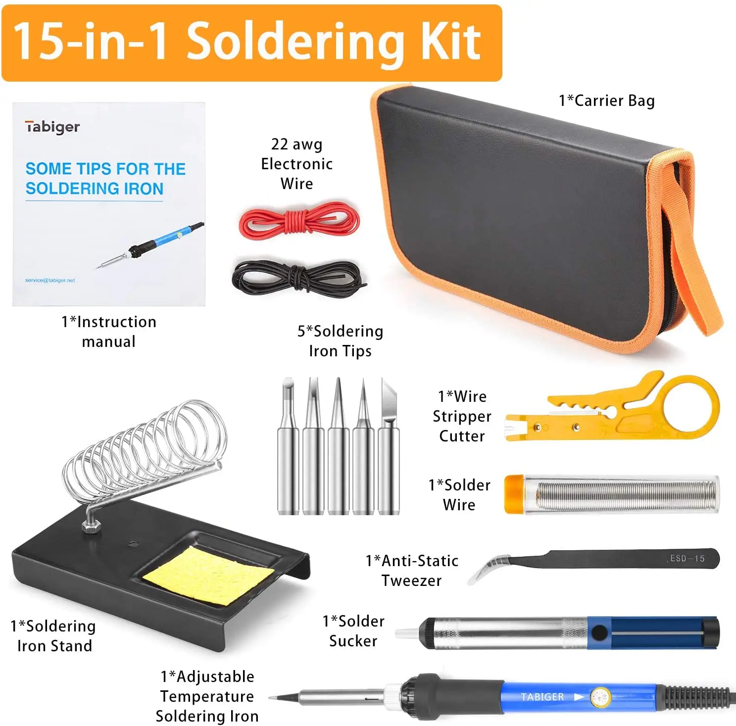 

15-in-1 60W Soldering Iron Kit with Adjustable Temperature Solder Wire Tweezers Soldering Iron Tips Set Desoldering Pump