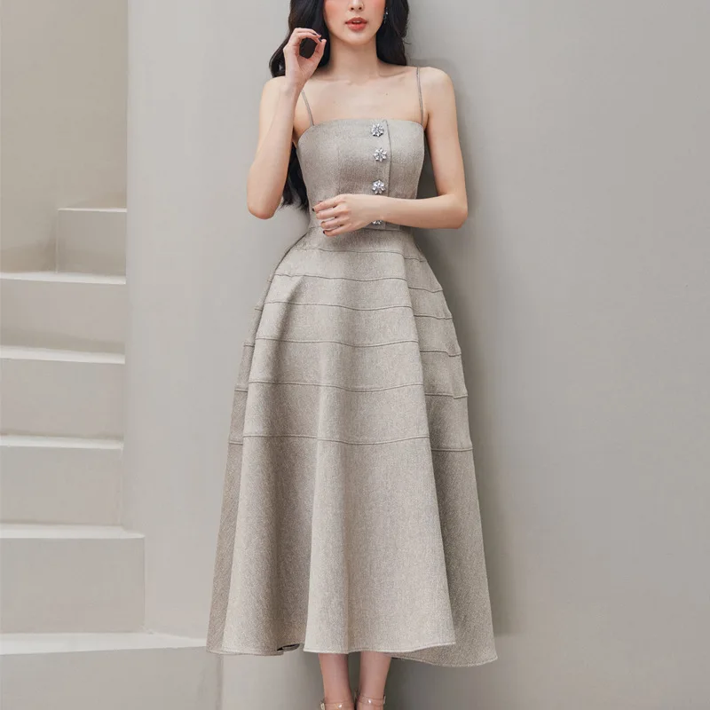 

Elegant Luxury Summer Birthday Dress for Women Spaghetti Strap Slash Neck Korean Camisole Sleeveless Pullover Party Dress DS102