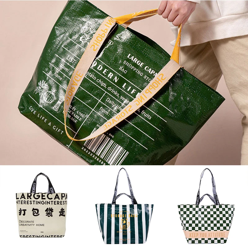 

Portable PP Woven Fashion Women's Shopper Bag Reusable Foldable Eco-Friendly Grocery Tote Female Shopping Shoulder Bags Handbags
