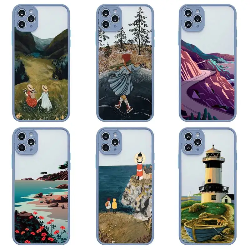 

Cartoon Hand Painted Scenery Phone Case For iphone 13 12 11 Pro Max Mini XS 8 7 Plus X SE 2020 XR Matte Transparent Light gray