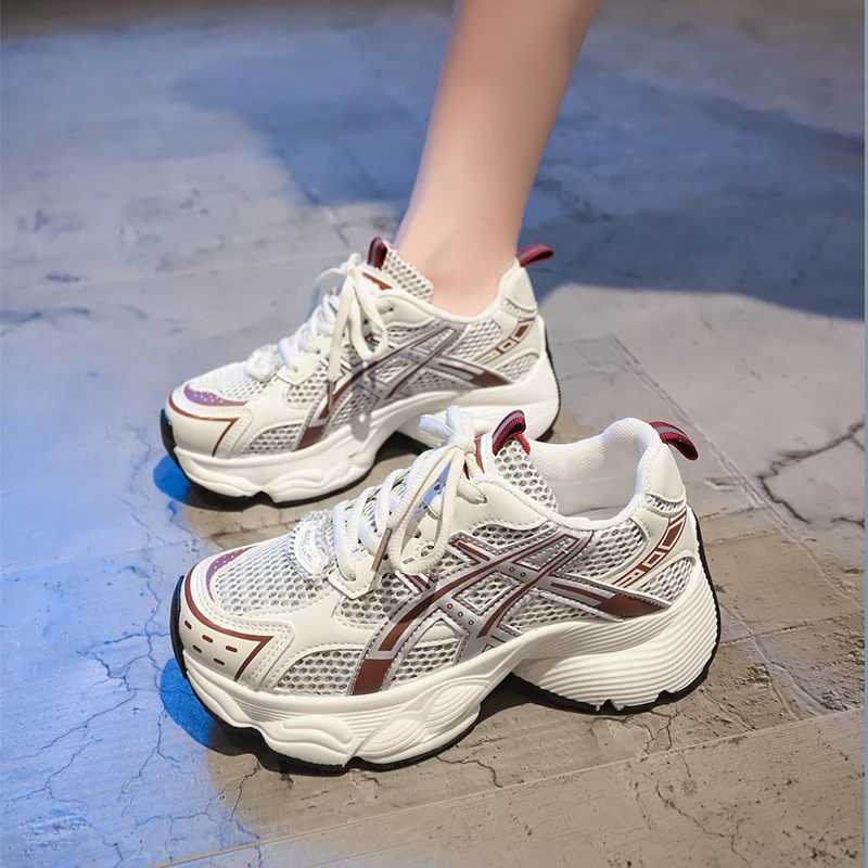 Round Head Mesh Lace-Up Platform Shoes High Quality Casual Vulcanize Shoes Retro Outdoor Breathable Non-Slip Sports Shoes