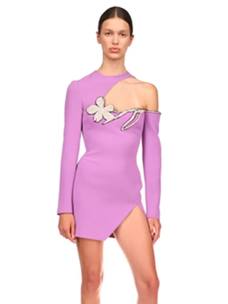 2022 Autumn Spring Women Party Dress O Neck Long Sleeve 3D Diamonds Flower Mini Short Bodycon Bandage Dresses Evening Club