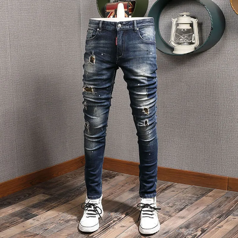 Уличная мода Мужские джинсы Ретро Черные Синие эластичные облегающие рваные с