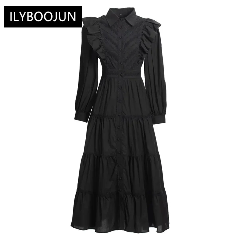 

Elegant Casual Women's Dresses 2022 Runway Autumn Luxury Turn-down Collar Ruffles Single-breasted Vintage Black Party Midi Dress