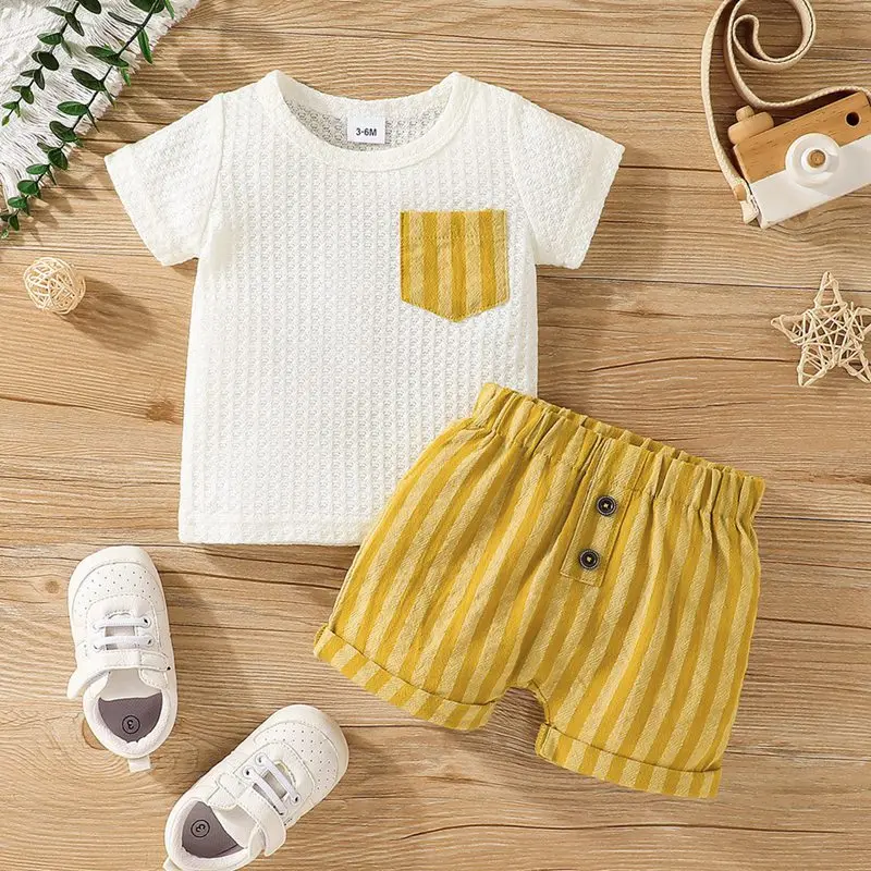 

Summertime Charm: 0-2 Years Baby Boys' Casual T-Shirt and Striped Shorts Two-Piece Set, Ideal for Summer Fun