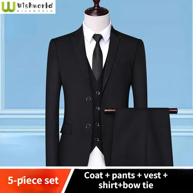 Spring and Autumn Suit Men's 5-piece Korean Slim Fit Business Suit Fashion Casual Bridegroom Vest Shirt Pants Suit