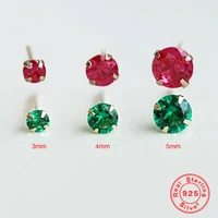 925 sterling silver gold plated stud earrings women emerald green red zircon 3mm4mm5mm mini round four claw fashion earrings