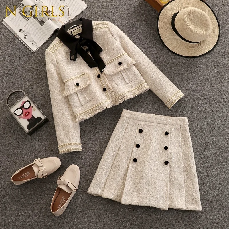 N GIRLS High Quality Casual Tweed 2 Piece Set Crop Top Jacket Coat + Pleated Skirts Sets Small Fragrance Vintage Two Piece Suits
