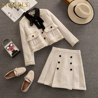 n girls high quality casual tweed 2 piece set crop top jacket coat pleated skirts sets small fragrance vintage two piece suits