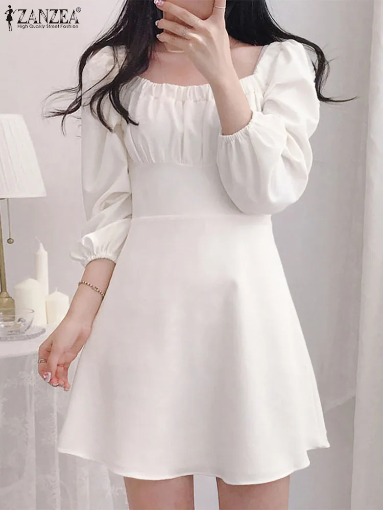 

Мини-платье ZANZEA женское приталенное, пикантный модный сарафан в Корейском стиле с квадратным вырезом и пышными рукавами, элегантное короткое ТРАПЕЦИЕВИДНОЕ