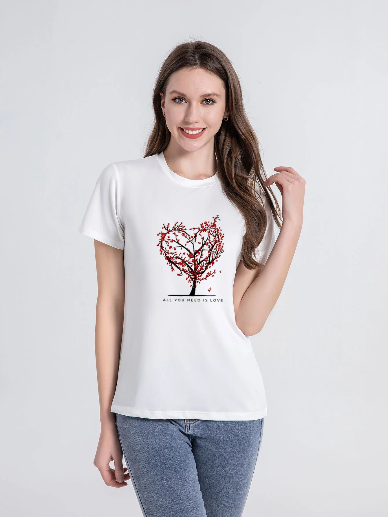 

YRYT New Summer Fashion Women's Top Shrimp New Love Tree English Pattern Crewneck Loose Short Sleeve Printed T-shirt Female