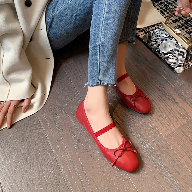 Ballet Shoes Girls Luxury Genuine Leather Flats Women Soft Comfortable Elastic Band Bow Decorate Dance Casual Dress Footwear