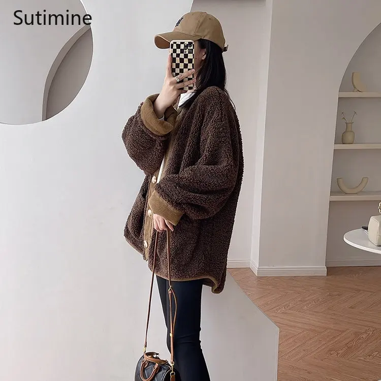 Winter Clothes Women Office Lady Korean O-Neck Loose Splicing Corduroy Lamb Wool Cotton Coat Women Single Breasted Coat Women