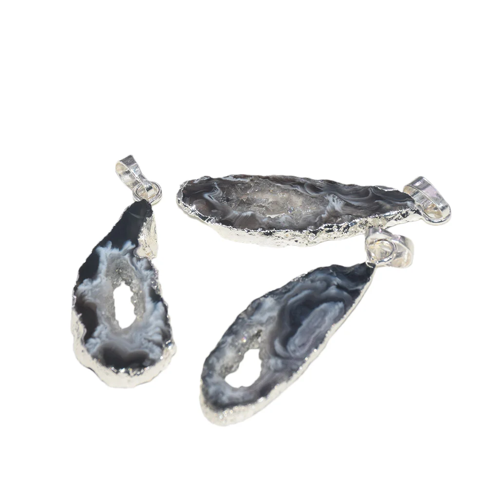 

Summer accessories collier femme silver Plating druzy stone pendant for necklace black vintage slice natural agate hole 5pc