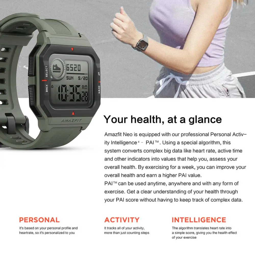 Neo Smart Watch AMAZFIT 28 Days Battery Life Smartwatch 3 Sports Modes 5ATM Pai Health Assistant For Android IOS Phone | Электроника