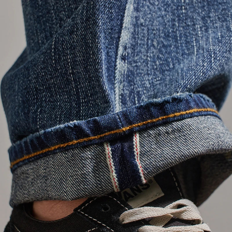 Red-ear jeans men's heavy hand-cut knife holes loose straight outline style jeans long pants