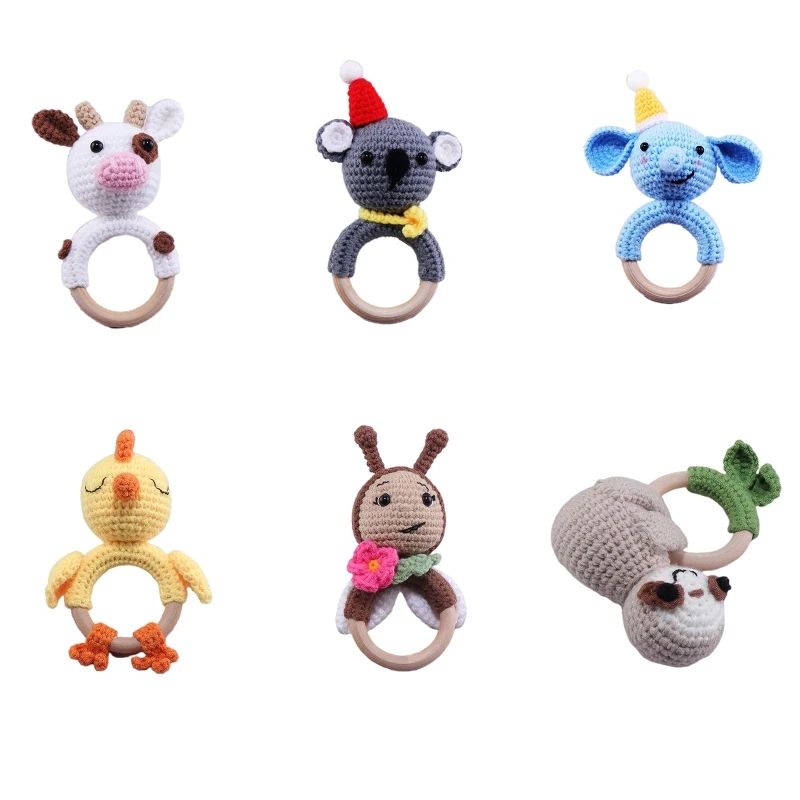 

N80C Crochet Animal Rattle Baby Wooden Teether Ring Infant Teething Nursing Toy Gift