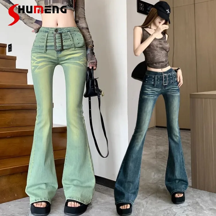 

Retro Jeans Women's Summer Autumn Washed Low Waist Skinny Denim Pants Design Sense Belt Waist Flared Pants Lady Streetwear