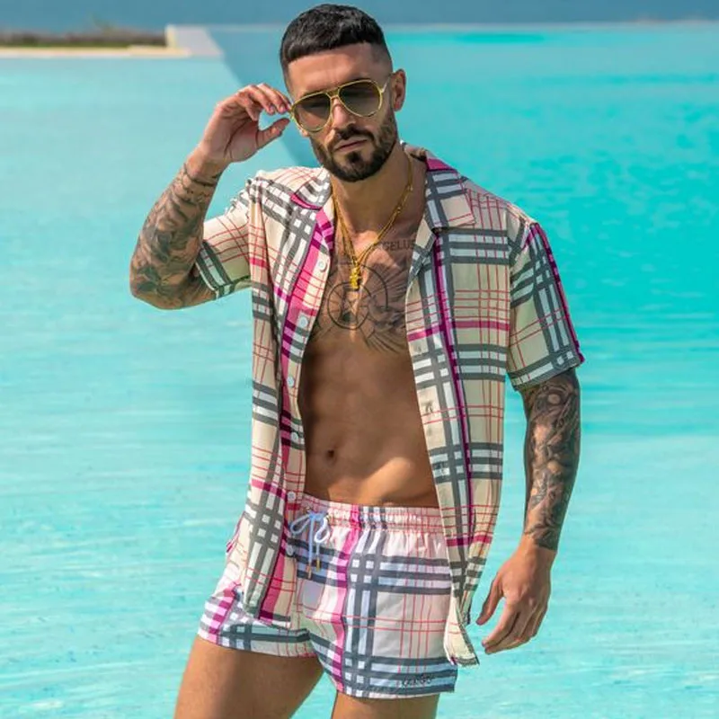 

2022 Summer NEW Men Hawaiian Sets Printing Short Sleeve Button Shirt Beach Shorts Streetwear Casual Mens Suit 2 Pieces
