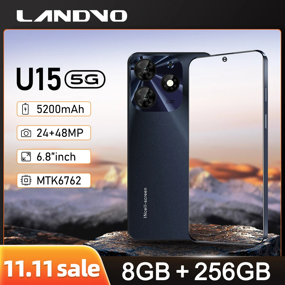 

Landvo U15 Cell Phones in Promotion 5G Smartphone Mobile Phone Octa-core 8+256GB 6.8" 5200mAh Battery Dual SIM OTG Fast Charging