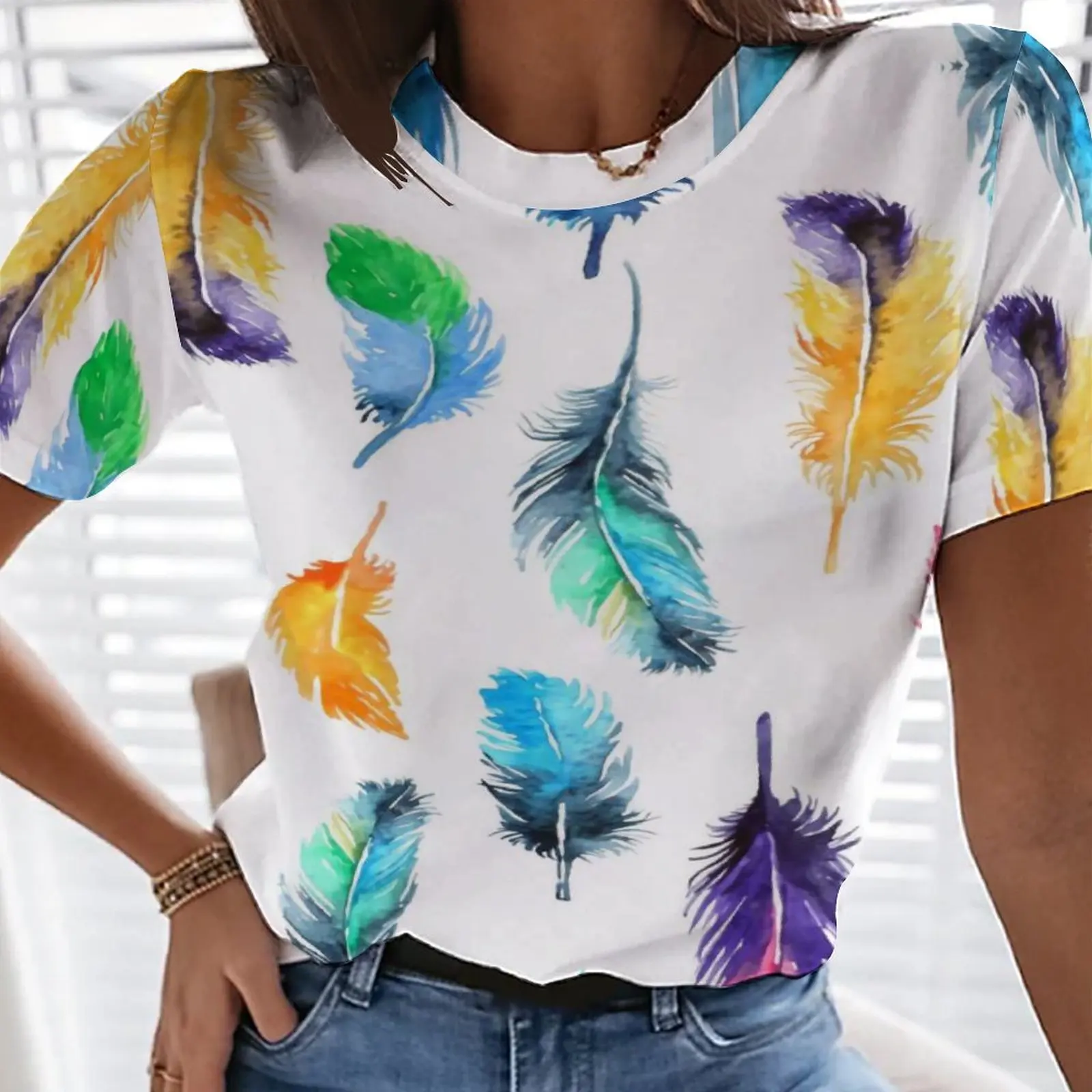 

Summer 2022 new 3D digital feather print T-shirt women's cartoon T-shirt fashion breathable T-shirt