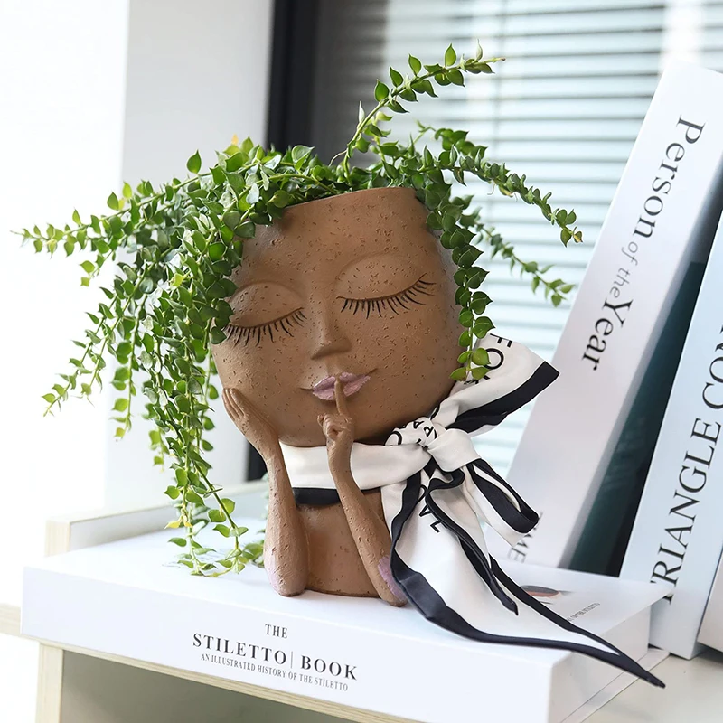 Cute Girl Faces Flower Pot Resin Heads Planter Holder Ornament for Home Garden Office Desktop