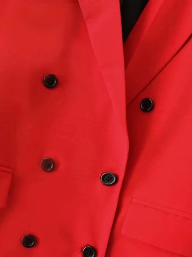 Spring Women Blazer Soild Double Breasted Red Vintage Long Sleeve Office Lady Loose Suit Coat Button Casual Outerwear Chic Tops
