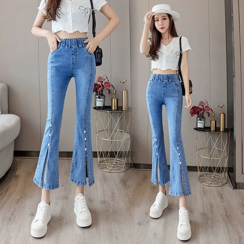 2022 New High-Waisted Small Man Is Thin And Tall Of The Flared Pants Willow Nails Slit Micro-Bladed Jeans Women Spring Summer A1