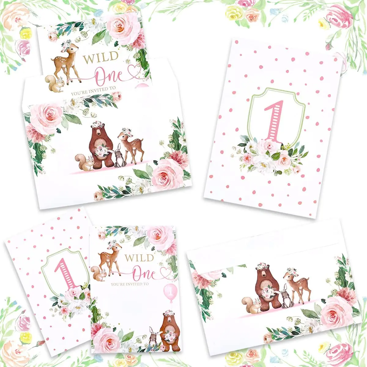 

Woodland 1st Birthday Decorations Pink Forest Animal Invitations with Envelopes for Girl Jungle Wild First Birthday Party Decor