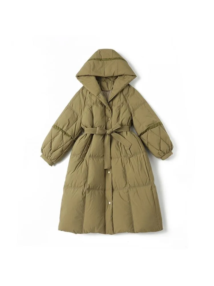 European 2022 Winter High End Long Hooded Thicked Loose Black 90 White Duck Down Coats Women Lace Up Bread Cloth Warmer Jackets