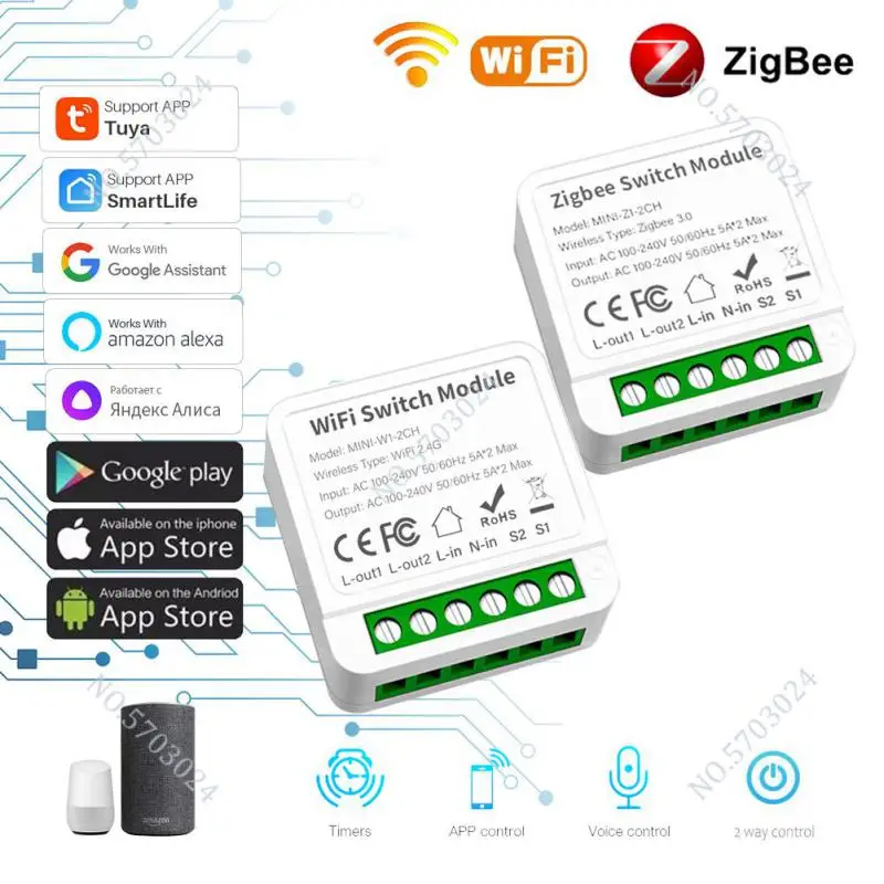 WiFi Zigbee Mini Breaker DIY Smart Home 1/2/3/4 Gang Switch 2 Way Control Smart Switch Module Work With Alexa Google Home Alice