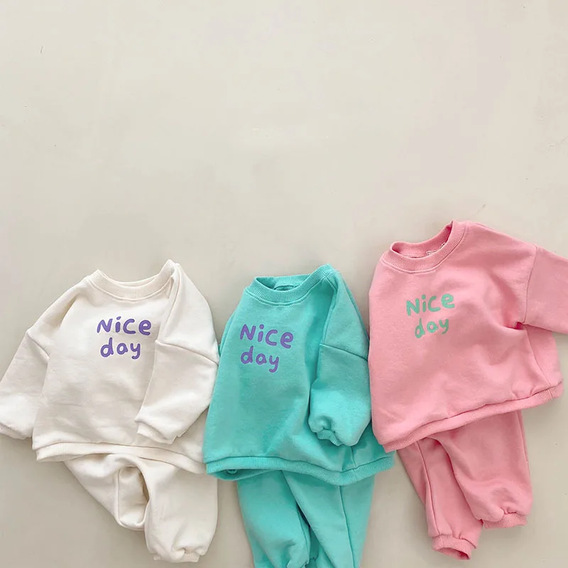 

2022 Autumn New Children Girl Baby Smile Long Sleeve T-shirt Suit Boy Toddler Cotton Letter Print Tops And Solid Pants 2pcs Set