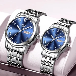 LIGE Couple Watch Set Original for Men Business Women Fashion Casual Waterproof Stainless Steel Quar