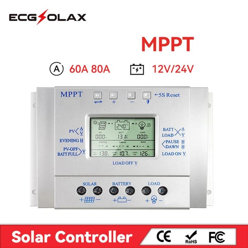 

ECGSOLAX MPPT Solar Charge Controller 60A 80A Auto 12V 24V Max 50VDC Input Solar Regulator With LCD Display USB 5V 1.5A Output