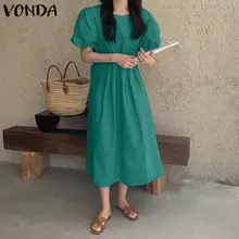VONDA Female Summer Short Puff Sleeve Dress Casual O Neck Vestido Baggy Vestidos Mid-Calf Party Sundress Pleated Robe Oversized (2)