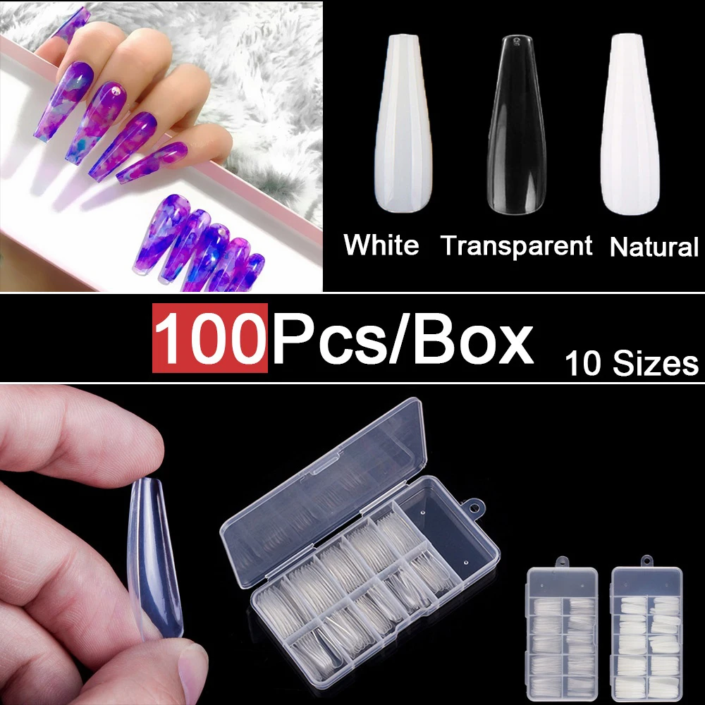 

100 шт./кор. Пресс на накладные ногти длинные ясно гроб накладные ногти советы полное покрытие акриловое волокно накладные ногти 10 размеров н...