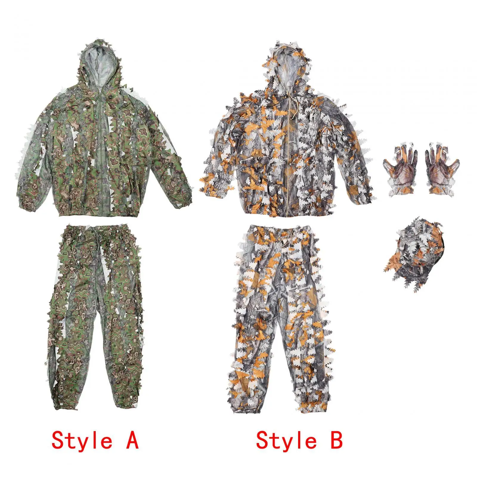 

3D Leaves Ghillie Suit Set Woodland Hunting Hooded Jacket Pant Breathable Camouflage for Fishing Outdoor Gardening Unisex Jungle