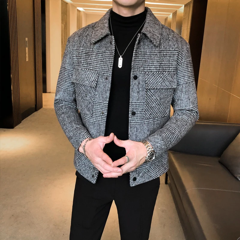 

Winter Mens Wool Trench Coat Jacket Short Slim Fit Casual Coats Korean Plaid Steetwear Windbreaker Turndown Collar Outwear