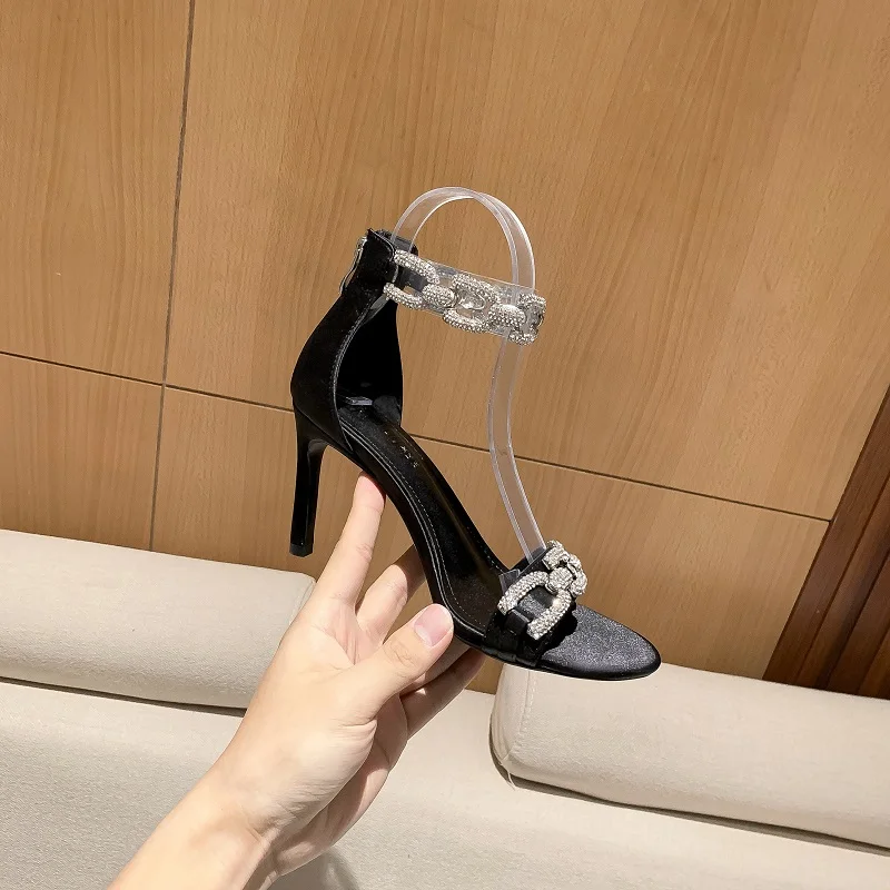 2023 New Summer Women's High-heeled Sandals, Small Fragrant Style, High-heeled Shoes, Rhinestone Fairy Style Sandals
