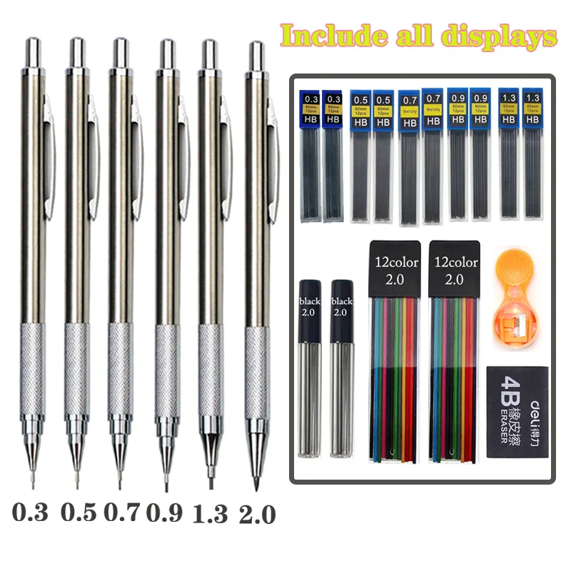 Metal Mechanical Pencil Set Art 2B HB Color Lead Refills With Sharpener Erasers Drawing for Writing Sketching Artist |