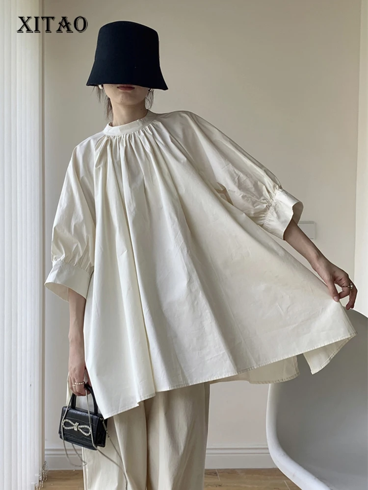 

XITAO/повседневные свободные блузки; Модные однотонные блузки со складками и воротником; Топ без рукавов с рукавом три четверти; Новинка 2023 года; Сезон лето; HQQ0822