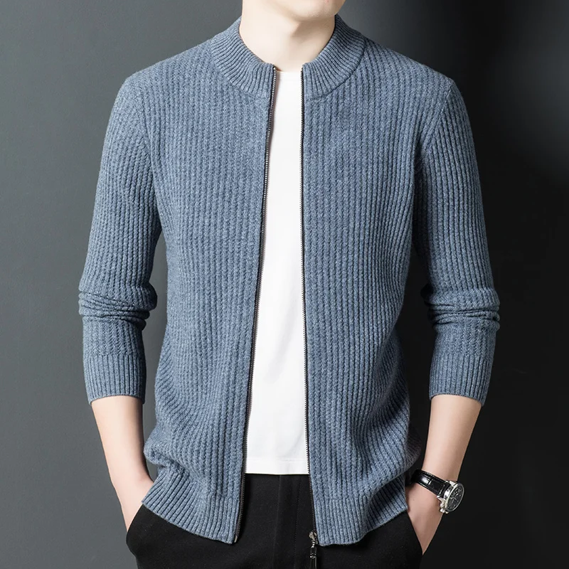 winter and 2023 autumn stand collar jacquard pure wool sweater men's cardigan sweater Korean thickened men's sweater jacket