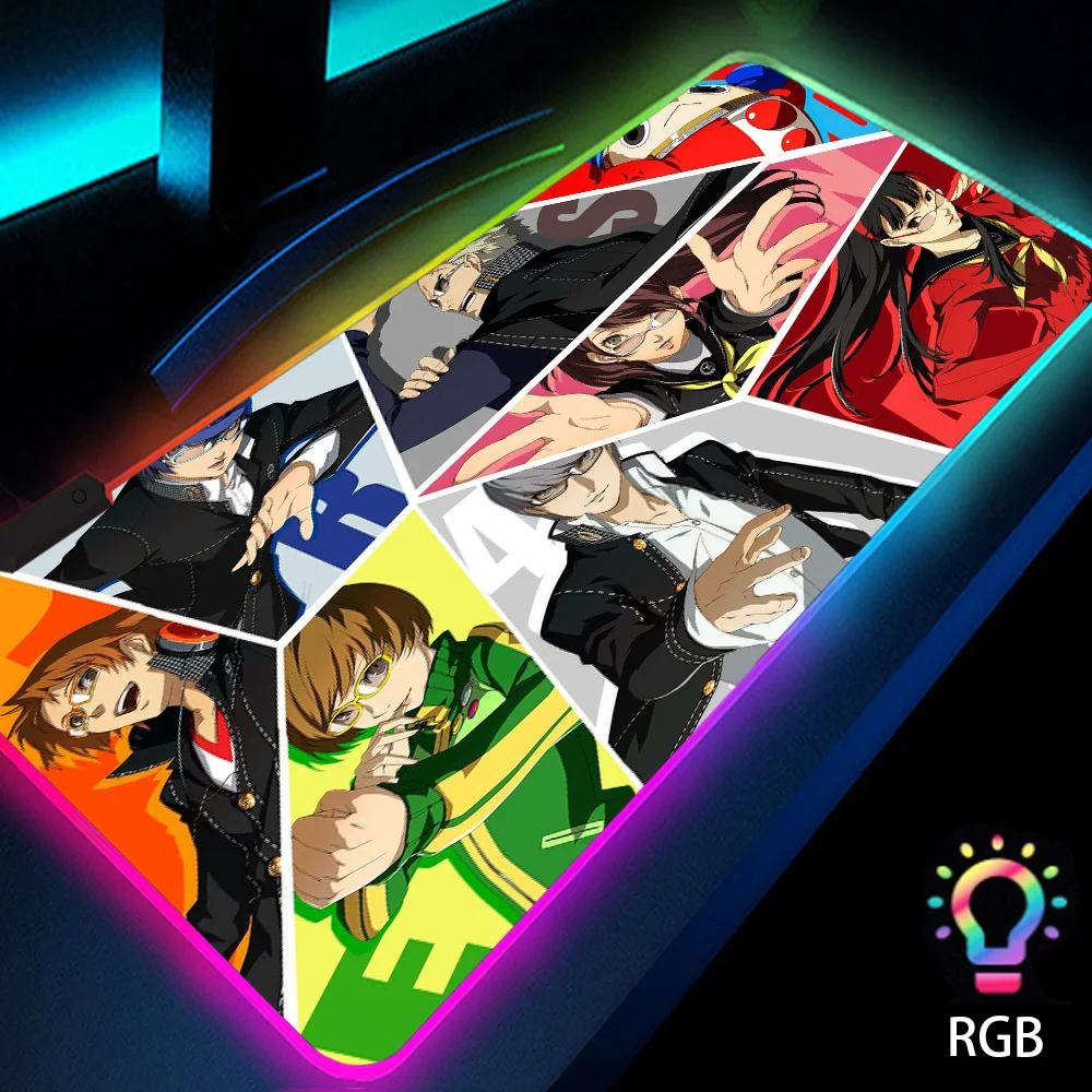 

Persona 4 Yellow Big Mouse Pad Gaming Accessories Anime Backlit Rubber Office LED Desk Computer RGB Table for Laptop Kit Gamer