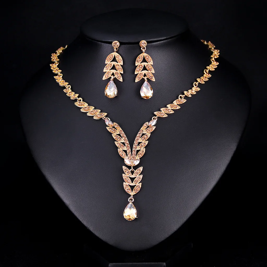 Exaggerated Long Fringe Bridal Rhinestone Jewelry Set Alloy Diamond Glass Colored Gemstone Necklace and Earring Sets Wholesales