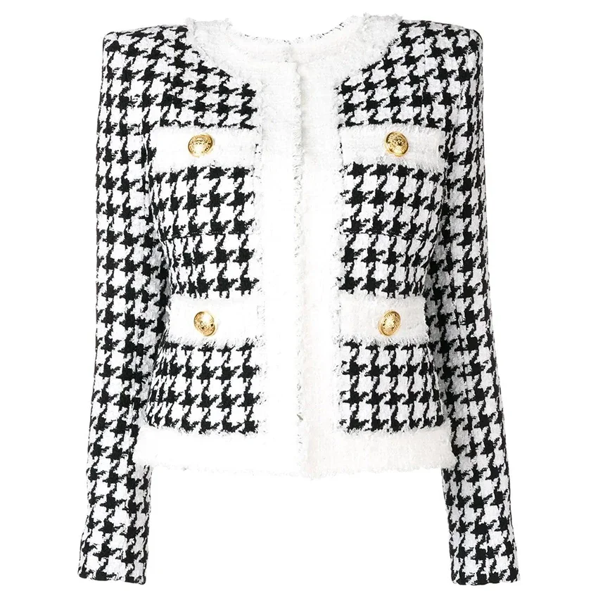 HIGH QUALITY Newest 2023 Autumn Winter Baroque Designer Women's Color Block Zip Houndstooth Fringed Tweed Jacket OverCoat