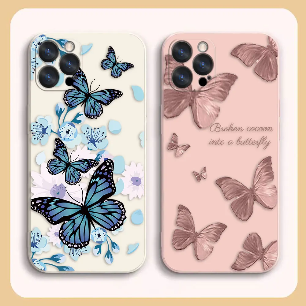 

Case For iPhone 14 13 12 11 Pro XS Max Mini X XR 7 8 6 6S Plus Colour Simple Liquid Silicone Case Pretty Red Blue Butterfly